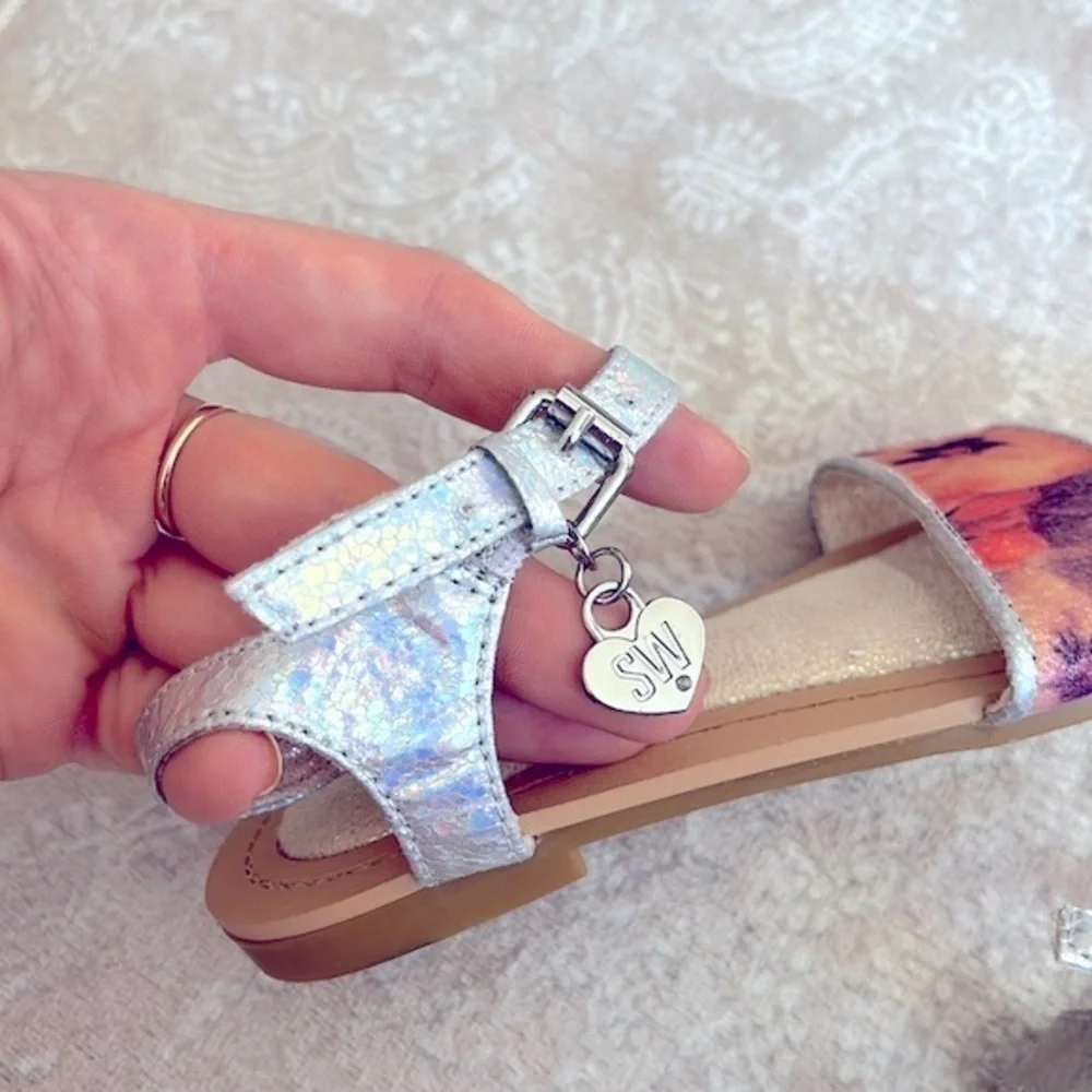 Brand New Stuart Weitzman Floral Metallic Iridescent Ankle Strap Sandals Heart
